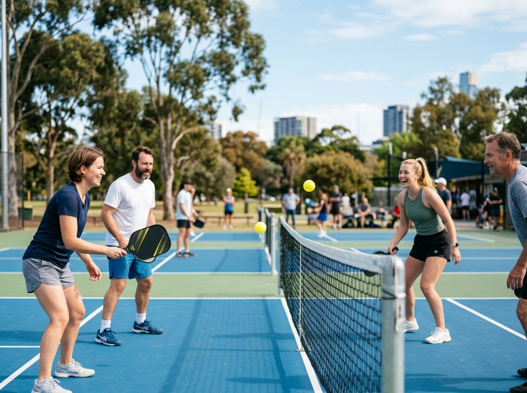 Players enjoying a social pickleball game on court