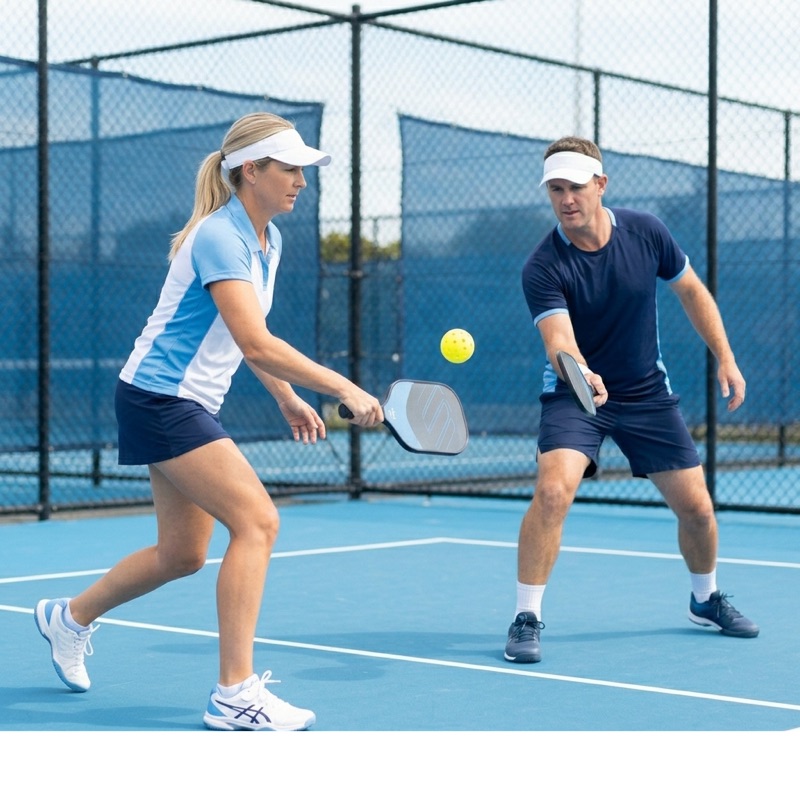 A player hitting during a pickleball game