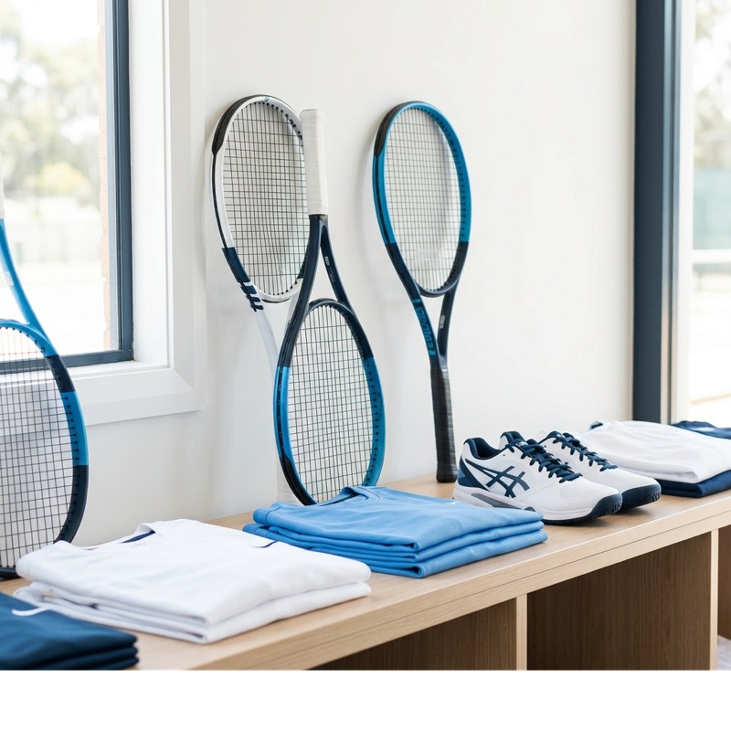 Tennis racquets, apparel and shoes in the pro shop